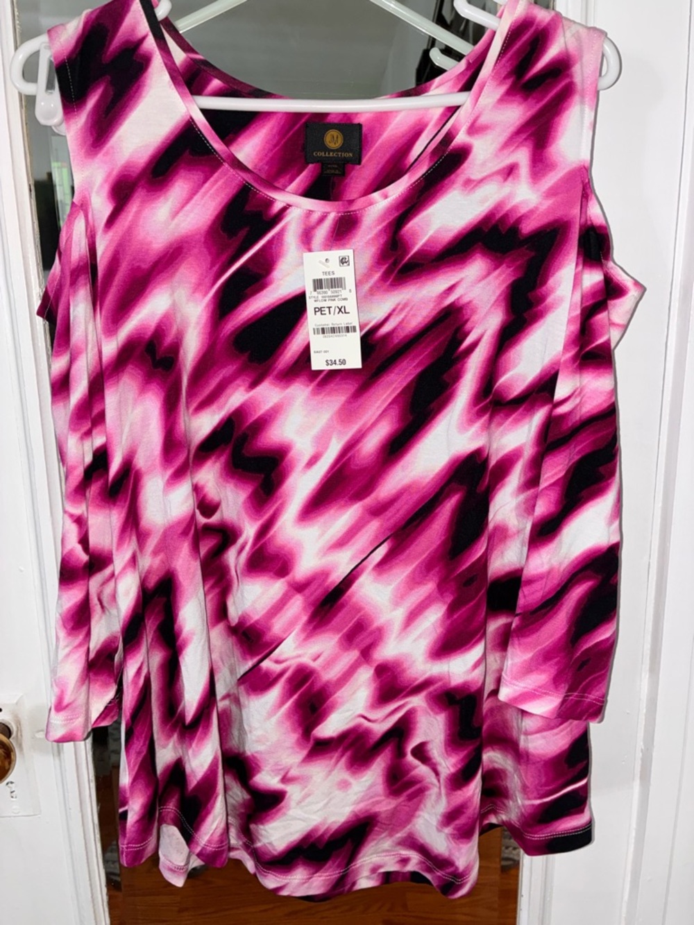 JM Collection Pink, Black & White Patterned Cold-Shoulder Tank Top